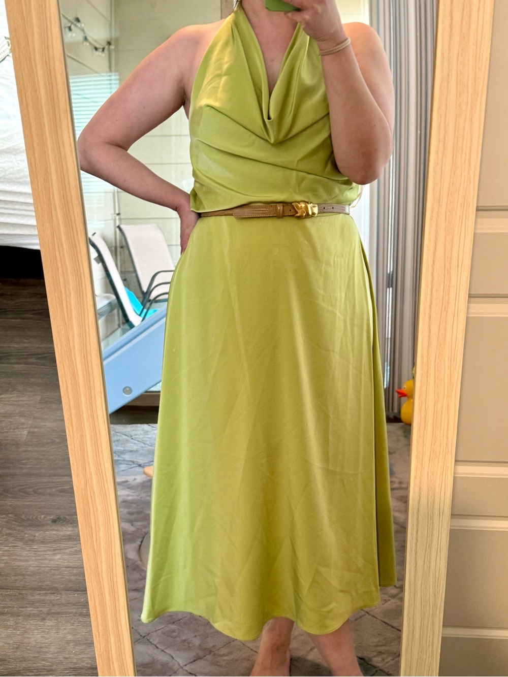 Donna Karan green cowl neck midi dress